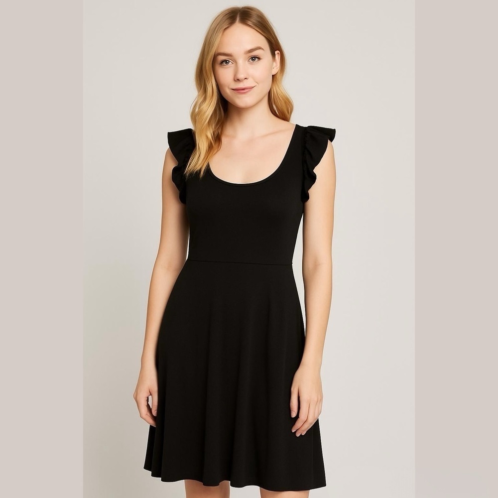 Loft Black Ruffle Sleeve Jersey Flounce Dress Size 6